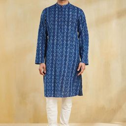Fabindia Men Geometric Printed Thread Work Mandarin Collar Straight Kurta-22