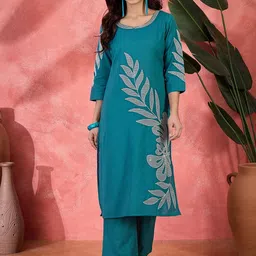 Sangria Floral Embroidered Pure Cotton Straight Kurta With Trousers-image-71