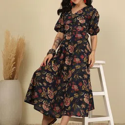 Nayo Women Floral Print Puff Sleeve Fit & Flare Midi Dress-picture-47