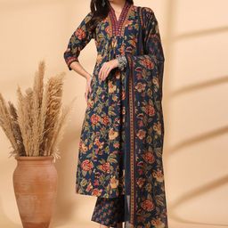 Shangri LA MS Designs Women Floral Printed Empire Mirror Work Pure Cotton Kurta with Trousers & With Dupatta-image-51