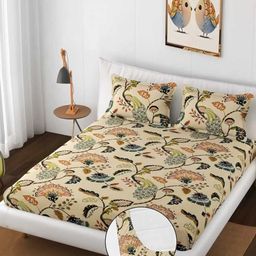 Myntra Elegant Homes Beige & Green Floral 300 TC Fitted King Bedsheet Set-1.82mx1.98mx8cm-image-86
