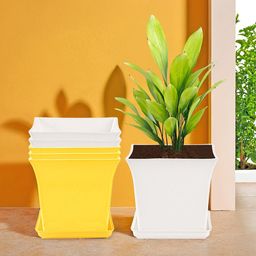 Kuber Industries 6-Pcs White & Yellow Premium Flower Pots for Garden withBottomPlates-11