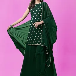 PARROT CREATION Geometric Embroidered Sequinned Georgette Kurti with Sharara And Dupatta-13