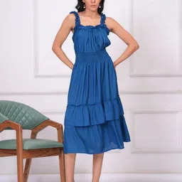 HIGHLIGHT FASHION EXPORT Women Solid Ruffled Shoulder Straps Fit & Flare Midi Dress-image-75