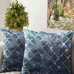 Blue Grass Blue & Gold-Toned Set of 2 Ethnic Motifs Velvet Square Cushion Covers-image-11