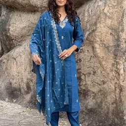 zinzraa Women Regular Thread Work Chanderi Silk Kurta with Trousers & With Dupatta-image-2