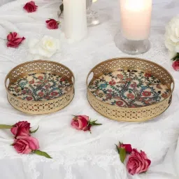 Brass GOLDEN Color Round Tray (Microwave Safe) PACK OF 2 Tray Serving Set-17