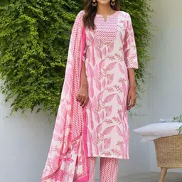 SZN Floral Printed Pure Cotton Notch Neck Straight Kurta With Trousers & Dupatta-picture-22