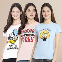 Metronaut Women Pack Of 3 Typography Printed Round Neck Cotton Donald Duck T-shirts-image-58