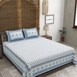 CLOTHOLOGY Blue & White Floral 180 TC King Bedsheet with 2 Pillow Covers-image-29