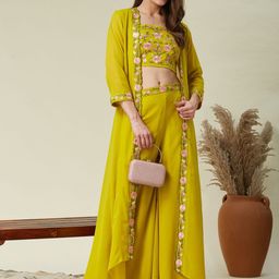 Colors of Earth Embroidered Square Neck Top With Palazzos & Shrug Co-Ords-32