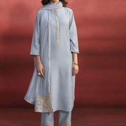 Anouk Women Embroidered Regular Thread Work Chanderi Silk Kurta with Trousers & With Dupatta-4