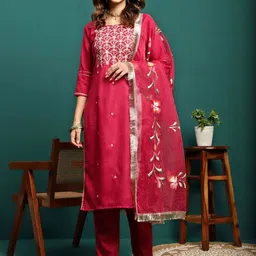 HERE&NOW Women Floral Embroidered Regular Thread Work Kurta with Trousers & With Dupatta-picture-41