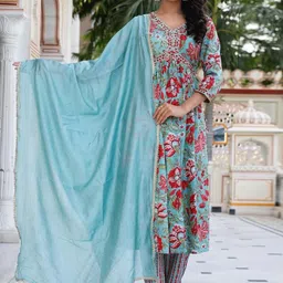 Anouk Floral Printed V-Neck Pure Cotton Thread Work A-Line Kurta With Trousers & Dupatta-picture-16