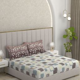 Pure Decor White & Brown Geometric 210 TC Queen Bedsheet with 2 Pillow Covers-picture-35