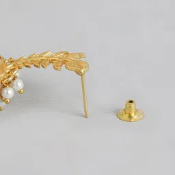 Anouk Gold Plated Artificial Stones Studded & Beaded Leaf Shaped Drop Earrings image 4