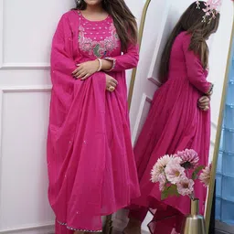 Divyadham Textiles Floral Yoke Design Round Neck Anarkali Kurta With Trouser & Dupatta-image-22