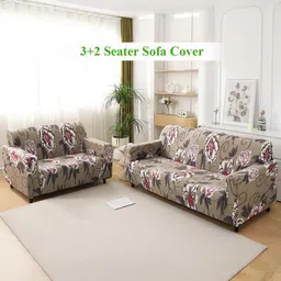 HOKIPO Buff Brown Geum Print 5 Seater Fully Covered Stretchable Sofa Cover-picture-10
