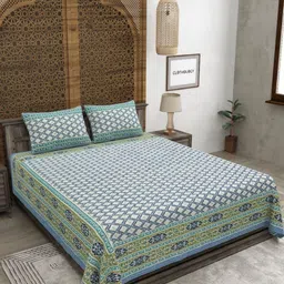 CLOTHOLOGY Blue & Green Geometric 180 TC King Bedsheet with 2 Pillow Covers-image-65