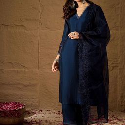 House of Pataudi Embroidered V Neck Kurta Trouser & Dupatta Set-image-96