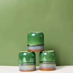 WEAVING HOMES Green & Brown 3 Pieces Printed Ceramic Glossy Dishwasher Safe Kulladhs 150ml-12