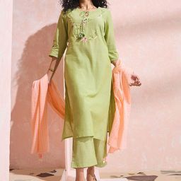 Taneira Women Ethnic Motifs Embroidered Regular Thread Work Kurta with Trousers & With Dupatta-image-3
