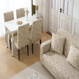 HOKIPO Beige & White Abstract Printed 140 GSM 4 Seater Stretchable Sofa Cover With Arms image 2