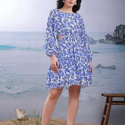 PURVAJA Printed Blue Fit and Flare Dress-image-75