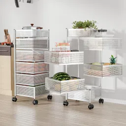 Pack of 2 Kitchen 5+1 Layer Metal Storage Rack with Wheels |Square Shape -Silver Iron Kitchen Trolley-75