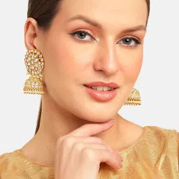 Anouk Gold-Plated Artificial Stones Studded And Beaded Dome Shaped Meenakari Jhumkas-18