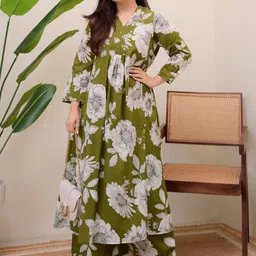 Art Avenue Floral Printed V-Neck Pure Cotton A-Line Kurta With Palazzos-17