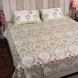 Hawamahal Sawai Bagh White & Green Printed Cotton 350 TC King Bedsheet Set 2.25 m x 2.75 m-picture-11