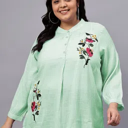 Indietoga Women Plus Size Floral Printed Embroidered Mandarin Collar Cotton Top-32
