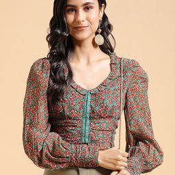Tokyo Talkies Floral Print Sweetheart Neck Ruffles Crop Top-image-39