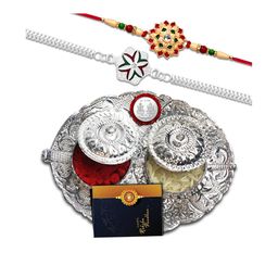 DeoDap Unisex Set of 2 Rakhis with Pooja Thali Roli Chawal Coin Greeting Card Gift Set-48