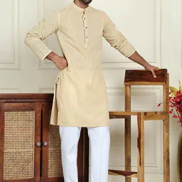 Anouk Beige Geometric Self Design Mandarin Collar Pure Cotton Kurta with Pyjamas-16