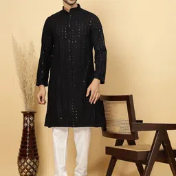 FABINALIV Men Geometric Flared Sleeves Thread Work Kurta-picture-2