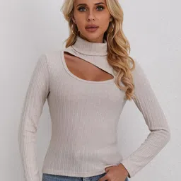 Outzidr Women Solid Front Cut Out Long Sleeve Rib Top-image-5
