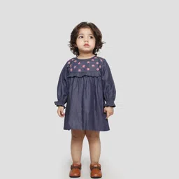 EARTHY TWEENS Girls Charming Denim Dress with Floral Embroidery-image-33