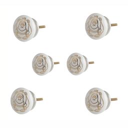 Indianshelf 6-Pcs White & Yellow Monkey Printed Ceramic Knobs-30