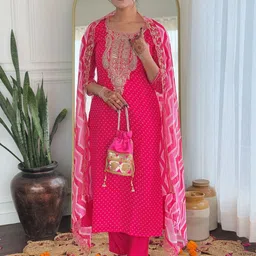 TWINS LADY Bandhani Printed Sequinned Straight Kurta with Trousers & Dupatta-picture-17