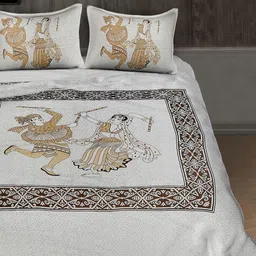 Aura White & Beige Graphic Printed 144 TC Cotton Queen Bedsheet Set 2.10 m x 2.30 m-image-34
