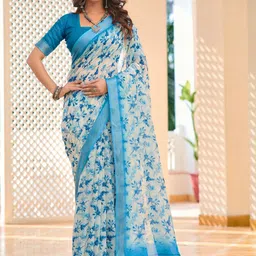 PHEASANT Floral Pure Linen Block Print Saree-picture-0