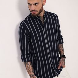 SHOWOFF Men Comfort Slim Fit Mandarin Collar Vertical Striped Cotton Casual Shirt-image-68
