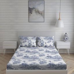 Living scapes by Pantaloons Blue & White Floral 210 TC Queen Bedsheet with 2 Pillow Covers-image-77