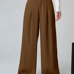 AAHWAN Women Relaxed Loose Fit High-Rise Pleated Trousers-image-24