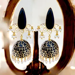 TISHUL JEWELS Gold-Plated Artificial Stones Studded And Beaded Dome Shaped Jhumkas-picture-49