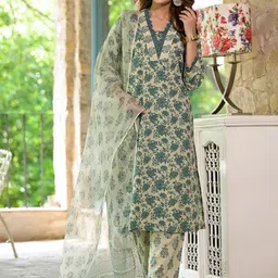 Divena Floral Printed V-Neck Pure Cotton Lace Detail Straight Kurta With Trouser & Dupatta-image-84
