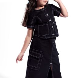 ARIAS By LARA DUTTA Girls Pure Cotton Denim Shirt With Skirt-image-10