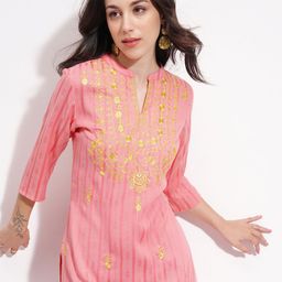 Vishudh Floral Embroidered Thread Work Mandarin Collar Straight Kurta-image-93